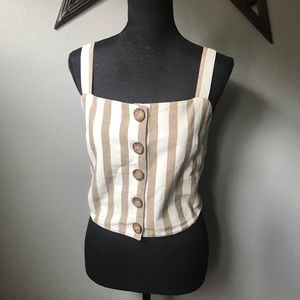 RD Style tan white stripe button crop tank top